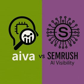 Illustration "aiva vs. Semrush": links aiva-Symbol (Kopf mit Chip und Lupe) auf grünem Hintergrund, rechts Semrush-Logo (S-Symbol) auf violettem Hintergrund, Zusatz "AI Visibility"