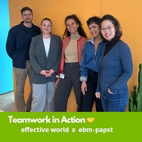 Gruppenfoto von Mitarbeitenden von effective world und ebm-papst mit Bildunterschrift "Teamwork in Action"