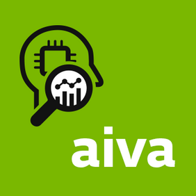 Logo von aiva: Kopf-Silhouette mit Chip-Symbol und Lupe über einem Balkendiagramm, auf grünem Hintergrund, Schriftzug "aiva"
