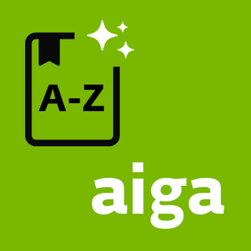 Logo von aiga: Buch-Symbol mit Lesezeichen und "A-Z"-Beschriftung, umgeben von Glitzersternen, auf grünem Hintergrund, Schriftzug "aiga"