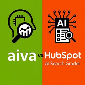 Illustration "aiva vs. HubSpot": links aiva-Symbol auf grünem Hintergrund, rechts Dokument-Symbol mit "AI"-Kennzeichnung auf orangem Hintergrund, Zusatz "AI Search Grader"