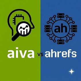 Illustration "aiva vs. Ahrefs": links aiva-Symbol (Kopf mit Chip und Lupe) auf grünem Hintergrund, rechts Ahrefs-Symbol (Chip-Netzwerk) auf dunkelblauem Hintergrund