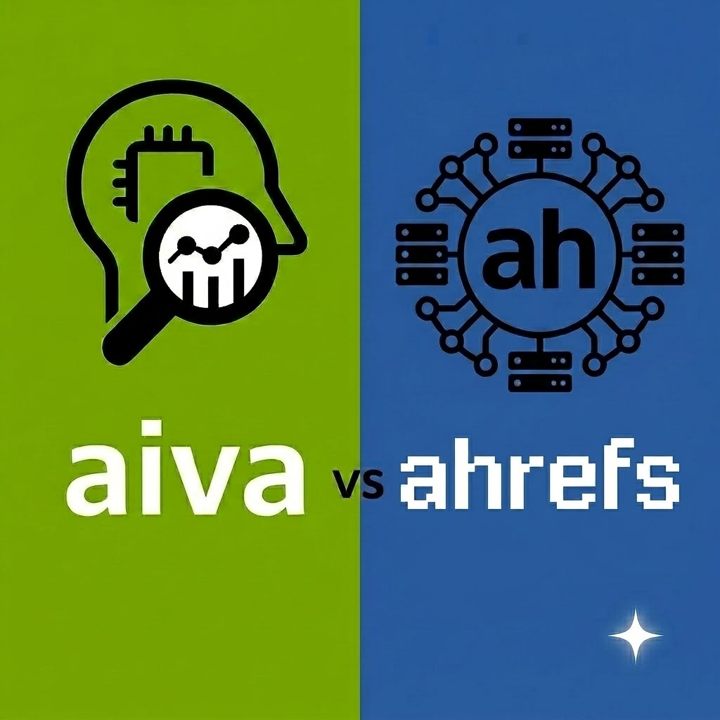 B2B Tool-Vergleich: aiva vs. Ahrefs Brand Radar Grafik zum Vergleich von aiva und Ahrefs Brand Radar. Links das aiva-Logo mit Lupe und Kopf-Icon auf grünem Grund, rechts das Ahrefs-Symbol auf blauem Grund.