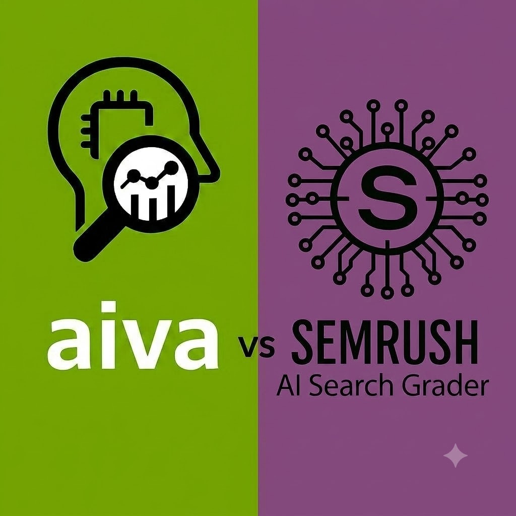 Visualisierung des Tool-Vergleichs zwischen aiva und Semrush AI Visibility. Vergleichsgrafik zwischen dem KI-Tool aiva der effective GmbH und SEMRUSH zum Thema AI Visibility.